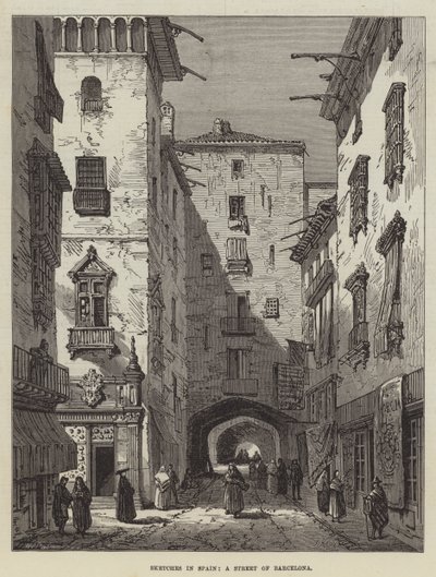 Skizzen in Spanien, eine Straße in Barcelona von Samuel Read